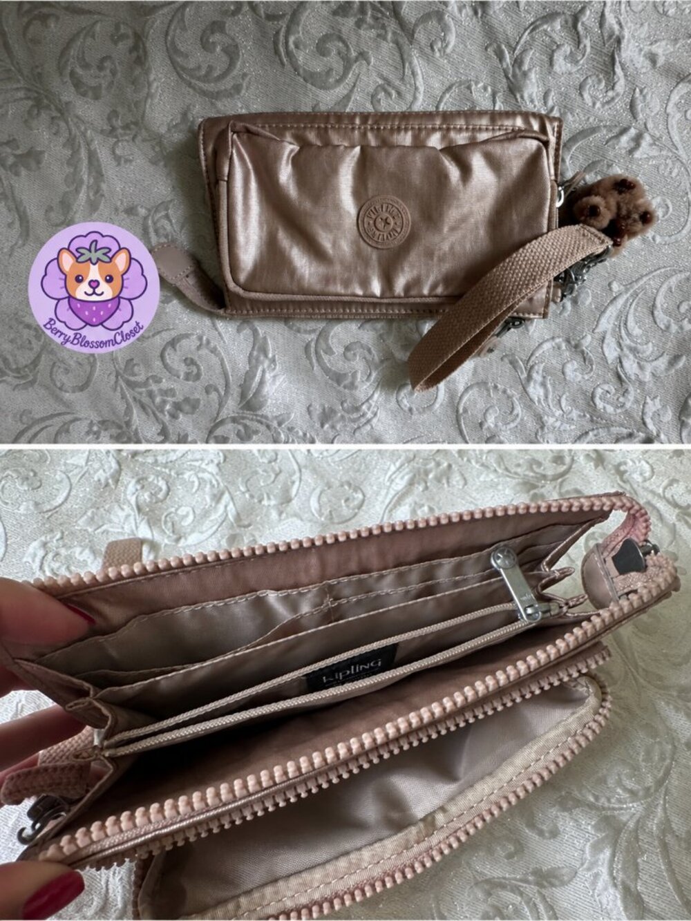 Rare Kipling Rosê Metallic Wristlet Clutch with Keychain Charm